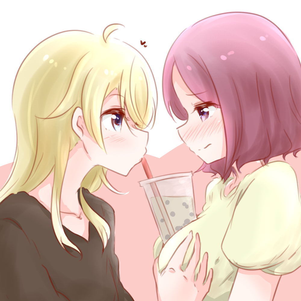 2girls bangs black_shirt blonde_hair blue_eyes blush breast_grab breasts cup drink drinking_straw eyebrows_visible_through_hair grabbing groping long_hair multiple_girls new_game! profile purple_eyes purple_hair shirt short_hair simple_background smile tooyama_rin yagami_kou yuri yuuki_(yunky373)