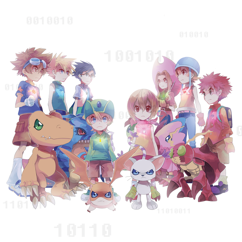 3girls 5boys agumon blonde_hair blue_eyes blue_hair brown_eyes brown_hair commentary_request digimon digimon_adventure gabumon glasses gloves goggles goggles_on_head hat huan_li ishida_yamato izumi_koushirou kido_jou long_hair medium_hair multiple_boys multiple_girls palmon patamon piyomon shirt short_hair tachikawa_mimi tailmon takaishi_takeru takenouchi_sora tentomon yagami_hikari yagami_taichi