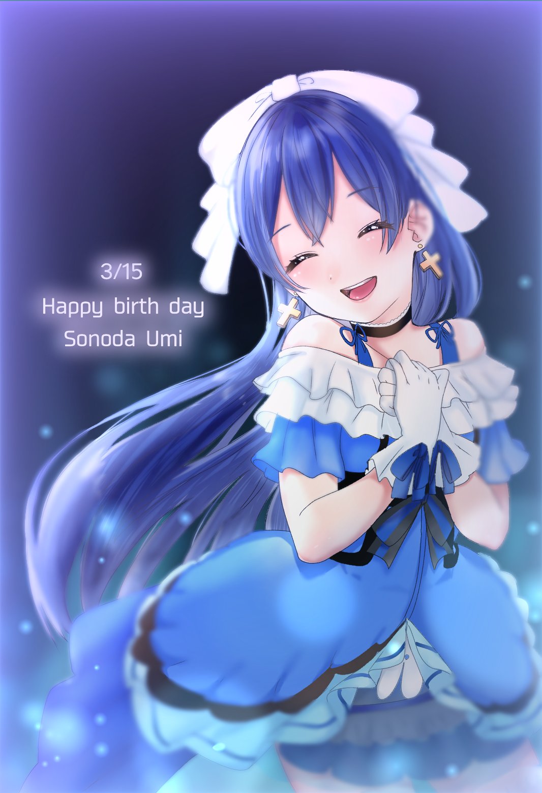 1girl bangs bare_shoulders birthday blue_dress blue_hair blush bow character_name choker closed_eyes commentary_request cowboy_shot dated dress earrings english_text eyebrows_visible_through_hair gloves hair_between_eyes hair_bow happy_birthday highres jewelry kira-kira_sensation! long_hair love_live! love_live!_school_idol_project open_mouth simple_background smile solo sonoda_umi white_gloves