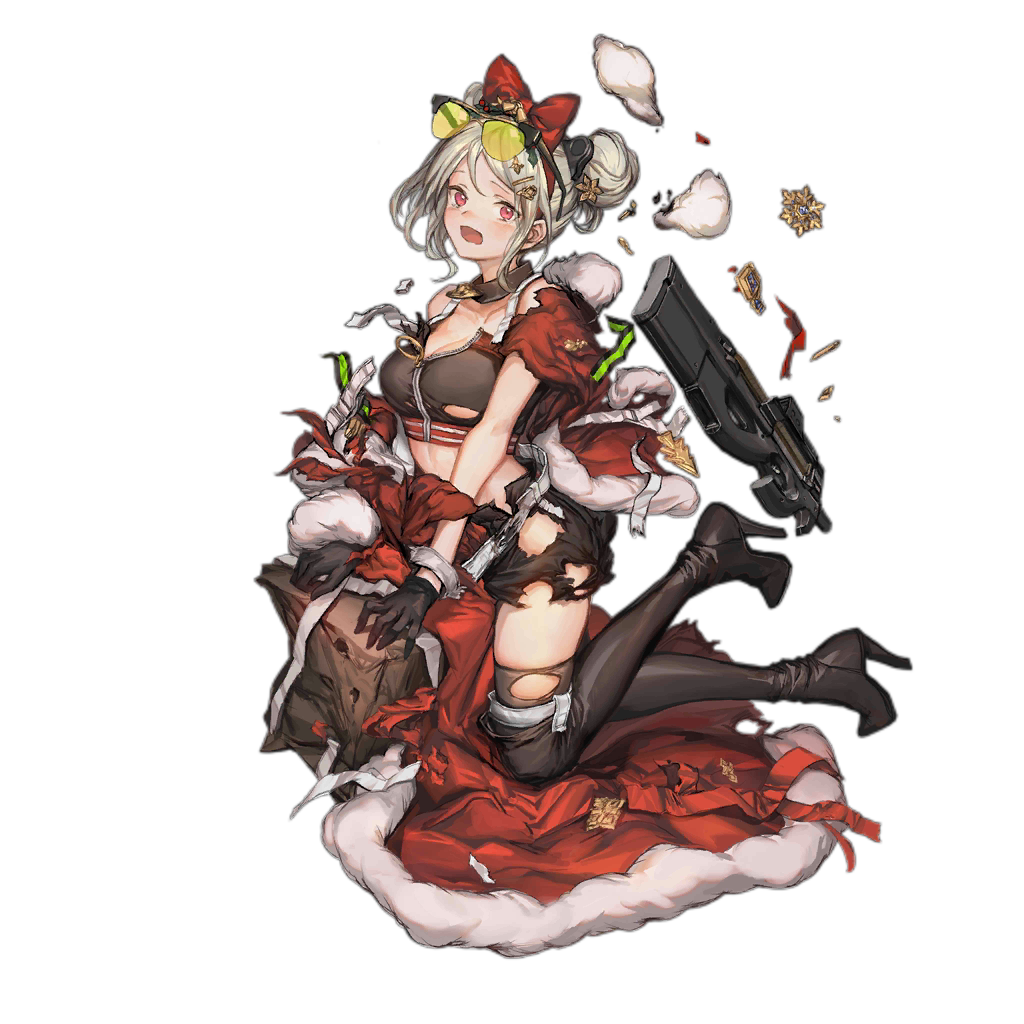 1girl alternate_costume bangs black_footwear black_gloves black_legwear blush boots bow bullpup choker christmas coat double_bun eyewear_on_head fur-trimmed_coat fur_trim girls_frontline gloves grey_hair gun hair_bow hair_ornament knee_boots kneeling looking_at_viewer off_shoulder official_art open_mouth p90 p90_(girls_frontline) red_bow red_coat short_hair shorts sleeveless solo star star_hair_ornament submachine_gun sunglasses thighhighs torn_clothes torn_coat torn_shorts transparent_background weapon