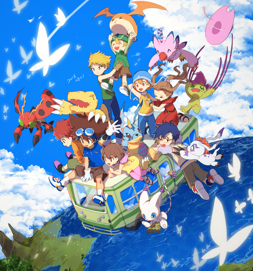 3girls 5boys agumon blonde_hair blue_eyes blue_hair brown_eyes brown_hair bus closed_mouth cloud commentary_request digimon digimon_adventure gabumon glasses gloves goggles goggles_on_head gomamon ground_vehicle hat huan_li ishida_yamato izumi_koushirou kido_jou long_hair medium_hair motor_vehicle multiple_boys multiple_girls open_mouth palmon patamon piyomon shirt short_hair smile tachikawa_mimi tailmon takaishi_takeru takenouchi_sora tentomon water yagami_hikari yagami_taichi