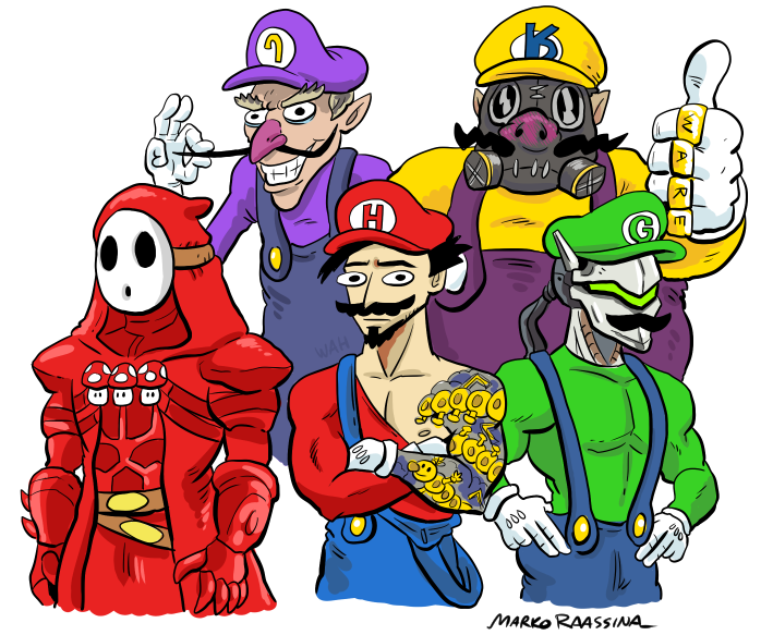 5boys artist_name bare_chest belt cosplay crossed_arms cyborg fake_facial_hair fake_mustache genji_(overwatch) gloves grin hanzo_(overwatch) jewelry junkrat_(overwatch) luigi luigi_(cosplay) mario mario_(cosplay) mario_(series) markraas mask multiple_boys mushroom ninja overwatch reaper_(overwatch) ring roadhog_(overwatch) shy_guy shy_guy_(cosplay) smile thumbs_up waluigi waluigi_(cosplay) wario wario_(cosplay)