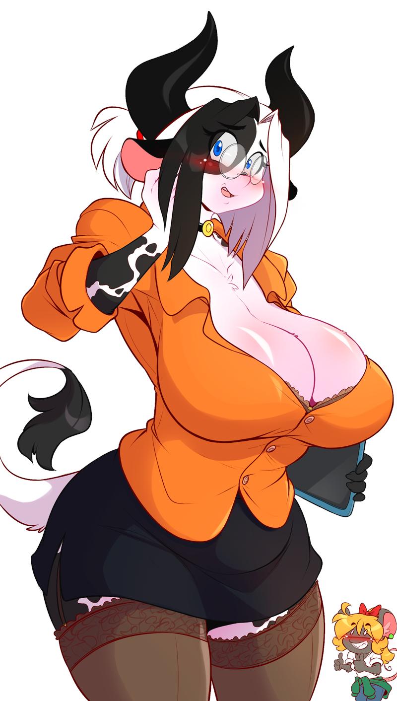 2017 absolute_territory alejandra_coldthorn anthro big_breasts black_hair black_spots blonde_hair blue_eyes blush bovid bovine breasts cattle chalo cleavage clothed clothing duo eyebrows eyelashes female fur grey_fur hair hi_res holstein_friesian_cattle horn huge_breasts las_lindas leggings legwear looking_at_viewer mammal mouse multicolored_hair murid murine open_mouth prime_(las_lindas) rodent simple_background smile solo_focus spots text thick_thighs tootsie two_tone_hair voluptuous webcomic white_background white_fur white_hair wide_hips