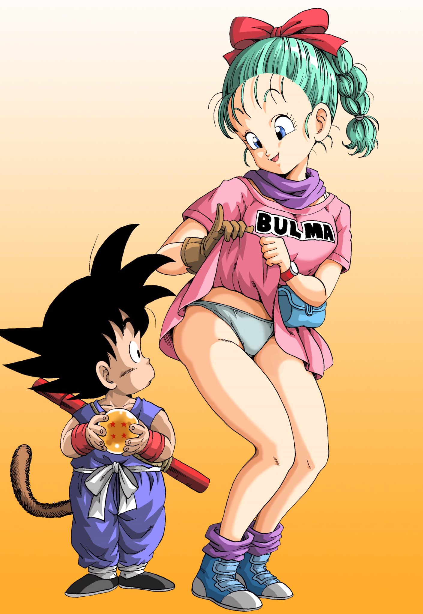 1boy 1girl arm_warmers bag black_hair blue_eyes bulma bulma_briefs dragon_ball dragon_ball_(classic) dragon_ball_(object) dress dress_lift eyebrows eyelashes female gi gloves green_hair hair legs male open_mouth panties panty_peek pantyshot pink_dress pole ponytail scarf shoes son_goku spiked_hair tail teasing tongue watch youngjijii