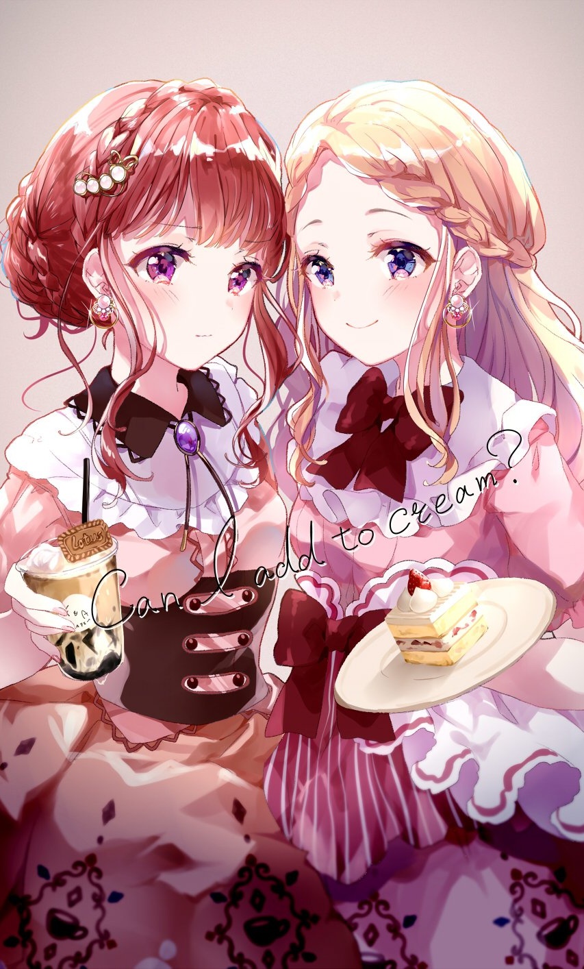 2girls bangs blonde_hair blush bow braid breasts brooch brown_background brown_shirt brown_skirt cake closed_mouth crown_braid cup disposable_cup drinking_straw earrings english_text eyebrows_visible_through_hair food forehead frilled_shirt_collar frills glint hair_bun hair_ornament highres holding holding_cup holding_plate jewelry long_hair multiple_girls original parted_bangs pink_shirt plate puracotte purple_eyes red_bow red_hair shirt sidelocks simple_background skirt slice_of_cake small_breasts smile