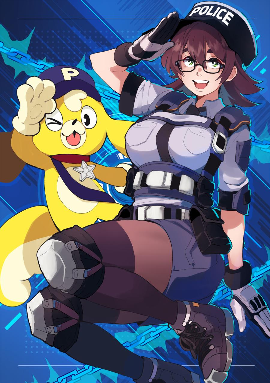 1girl astral_chain azuumori badge belt_pouch boots breasts brown_hair chain commentary english_commentary glasses gloves green_eyes hat highres knee_pads lappy large_breasts looking_at_viewer marie_wentz mascot_costume miniskirt necktie one_eye_closed open_mouth police police_hat police_uniform policewoman pouch salute short_hair skirt smile thighhighs tongue tongue_out uniform
