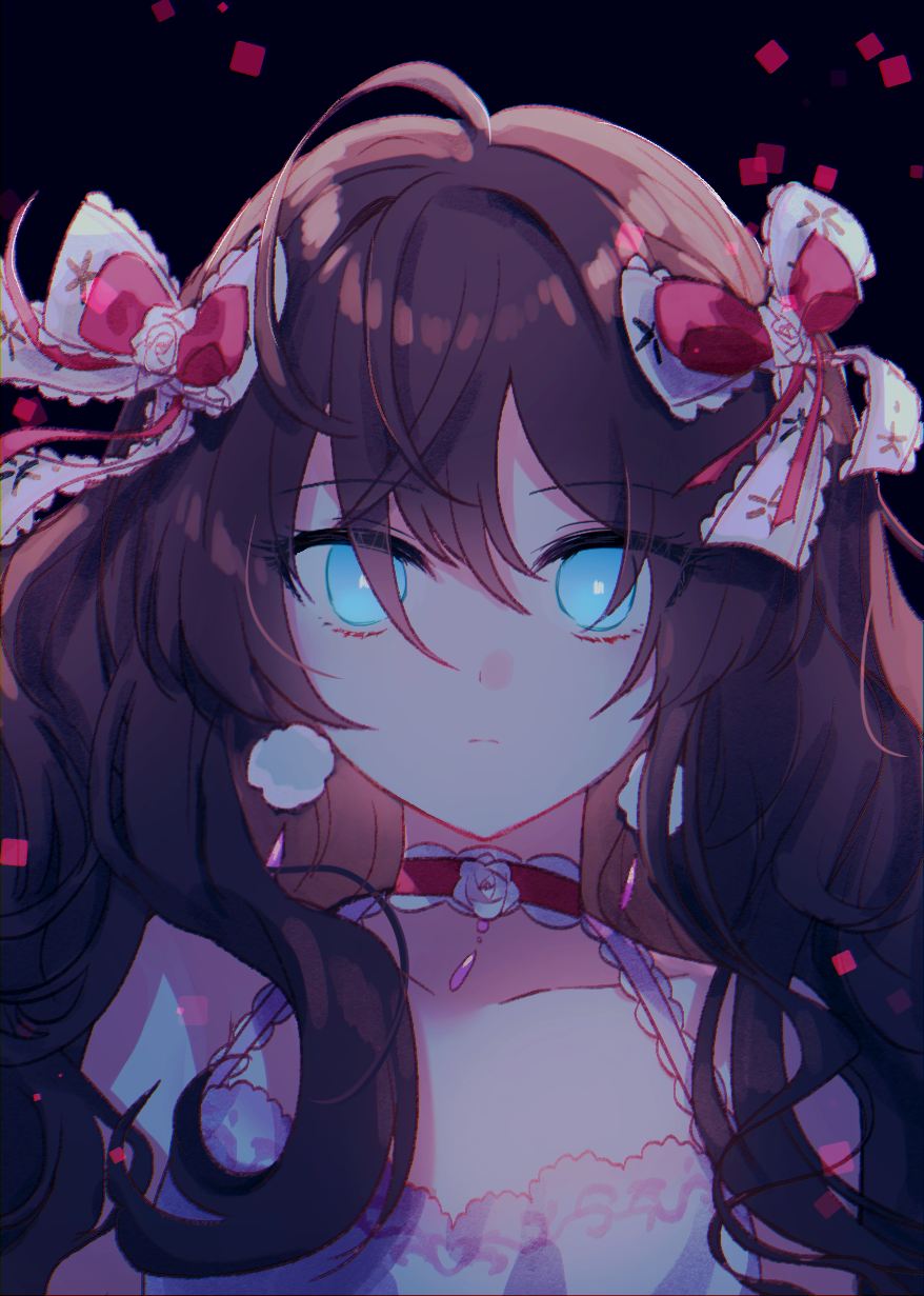 1girl ahoge bangs bare_shoulders black_background black_hair blue_eyes bow choker closed_mouth commentary_request dress eyebrows_visible_through_hair flower hair_between_eyes hair_bow highres ichinose_shiki idolmaster idolmaster_cinderella_girls idolmaster_cinderella_girls_starlight_stage long_hair looking_at_viewer poyo_(shwjdddms249) red_bow red_choker rose simple_background sleeveless sleeveless_dress solo upper_body white_bow white_dress white_flower white_rose