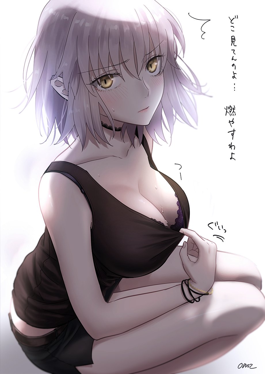 1girl ahoge bangs black_shorts black_tank_top bra bracelet breasts choker cleavage commentary_request eyebrows_visible_through_hair fate/grand_order fate_(series) highres jeanne_d'arc_(alter)_(fate) jeanne_d'arc_(fate)_(all) jewelry lace lace_bra large_breasts looking_at_viewer shirt_pull short_hair shorts silver_hair squatting sushimaro sweatdrop tank_top translation_request underwear yellow_eyes
