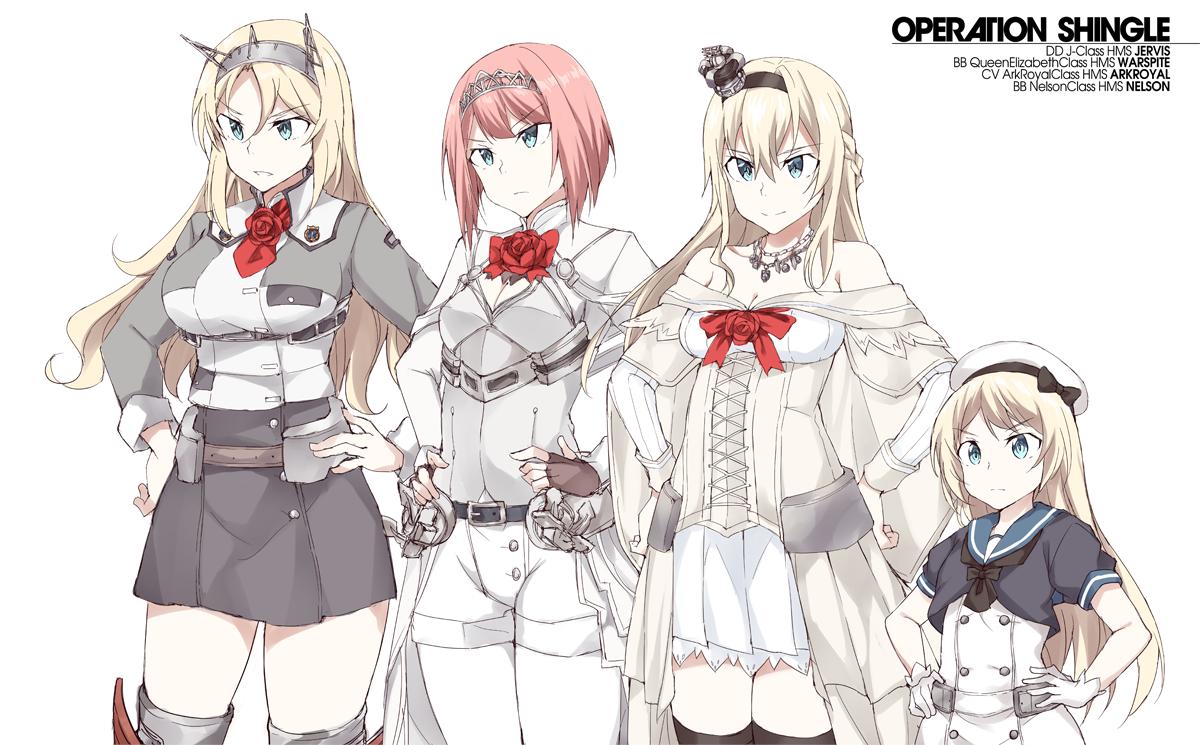 4girls ark_royal_(kantai_collection) bangs blonde_hair blue_eyes blue_sailor_collar blunt_bangs bob_cut braid breasts brown_gloves character_name cleavage_cutout commentary cowboy_shot crown dress english_commentary fingerless_gloves flower french_braid gloves hairband hands_on_hips hat headgear height_difference jervis_(kantai_collection) kantai_collection large_breasts long_hair long_sleeves military military_uniform mini_crown multiple_girls nelson_(kantai_collection) off-shoulder_dress off_shoulder overskirt pantyhose pencil_skirt red_flower red_hair red_ribbon red_rose ribbon rose sailor_collar sailor_dress sailor_hat short_hair short_sleeves shorts simple_background skirt souji thighhighs tiara uniform warspite_(kantai_collection) white_background white_dress white_gloves white_headwear white_legwear white_shorts