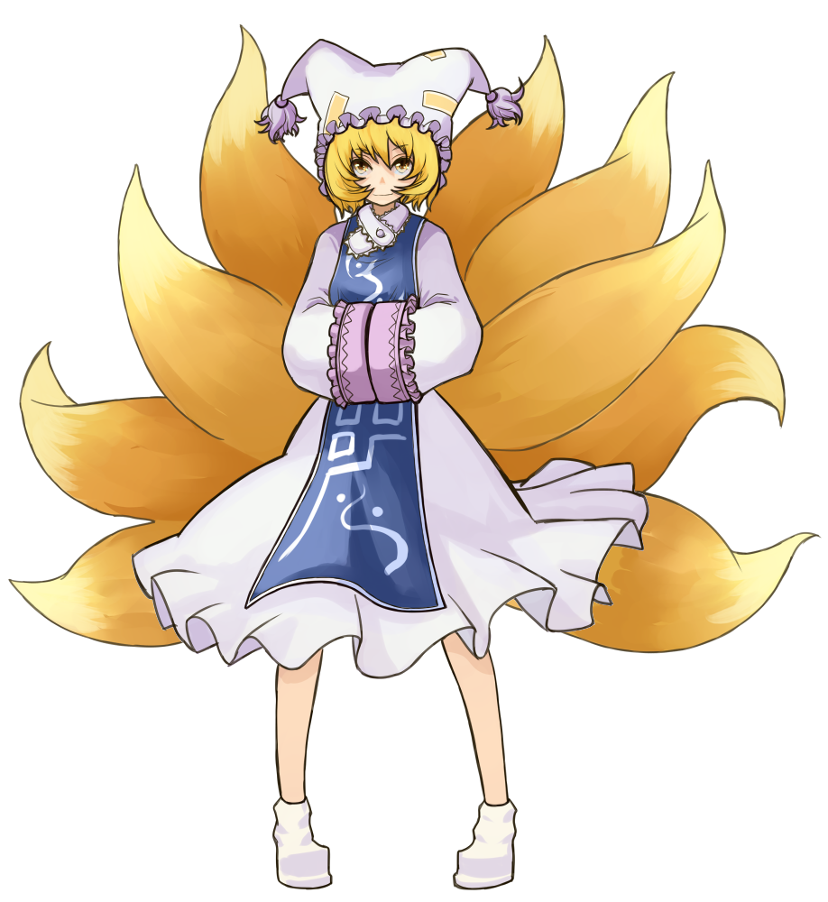 bad_id bad_pixiv_id blonde_hair fox_tail hands_in_opposite_sleeves hat kansou_samehada multiple_tails short_hair solo tail touhou yakumo_ran yellow_eyes