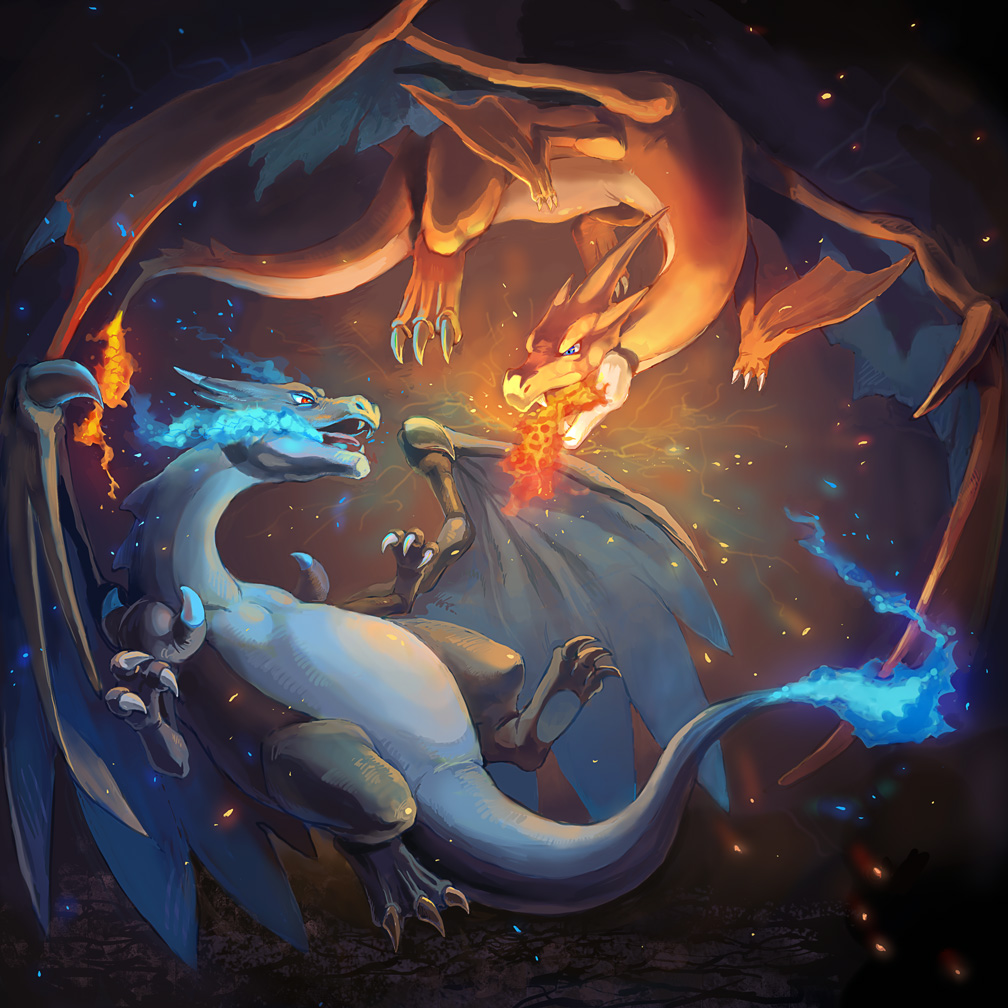 1:1 2013 abstract_background ambiguous_gender belly claws digital_media_(artwork) dragon duo feral fire flying kuranaga15 looking_at_another mega_charizard mega_charizard_x mega_charizard_y mega_evolution membrane_(anatomy) membranous_wings nintendo open_mouth pok&eacute;mon pok&eacute;mon_(species) red_eyes scalie tongue video_games wings
