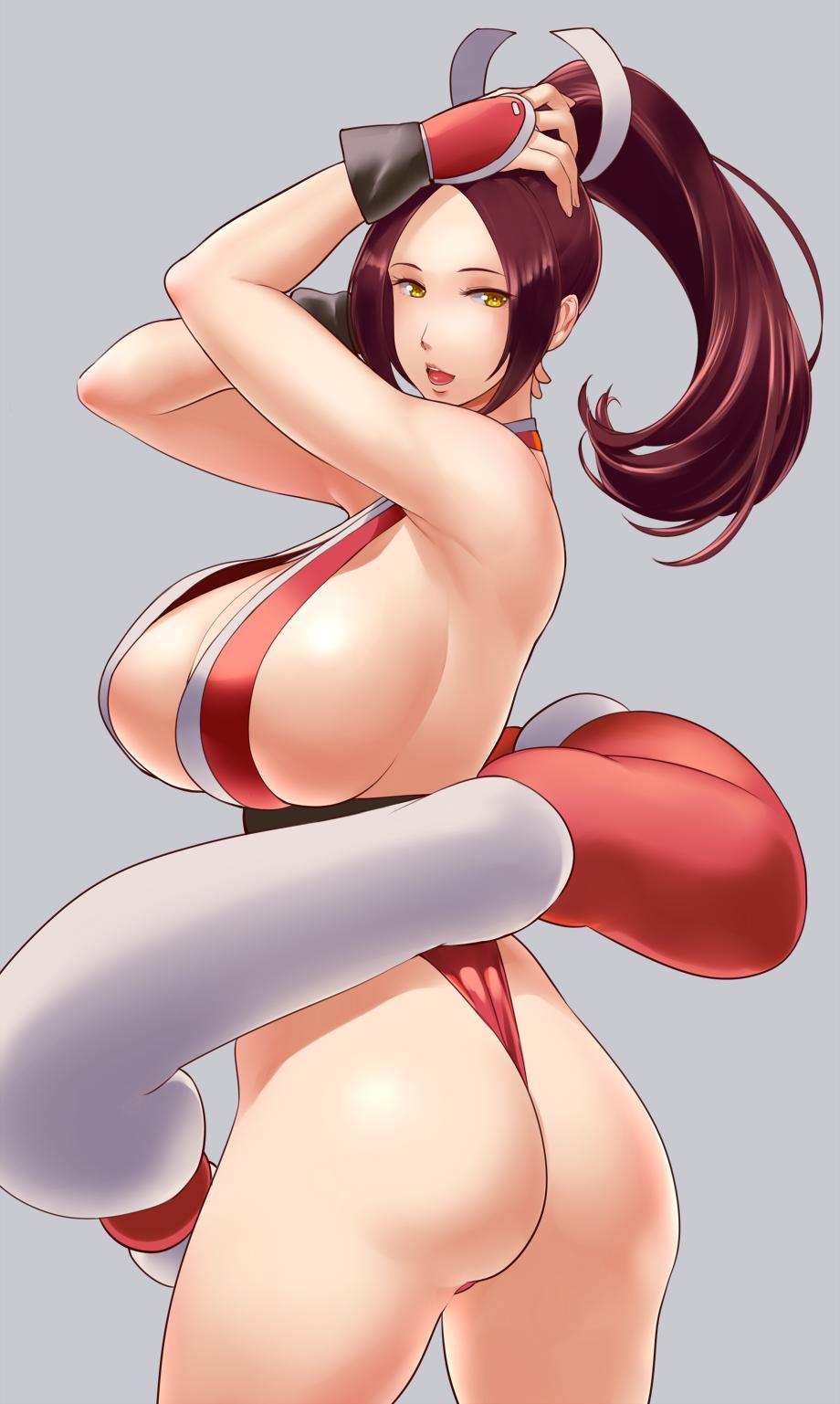1girl armpits arms_up ass back bangs breasts brown_hair cowboy_shot from_behind grey_background hair_ribbon high_ponytail highres japanese_clothes large_breasts lips long_hair looking_at_viewer looking_back open_mouth parted_bangs ponytail revealing_clothes ribbon shiranui_mai sideboob simple_background smile solo the_king_of_fighters ueda_torini yellow_eyes