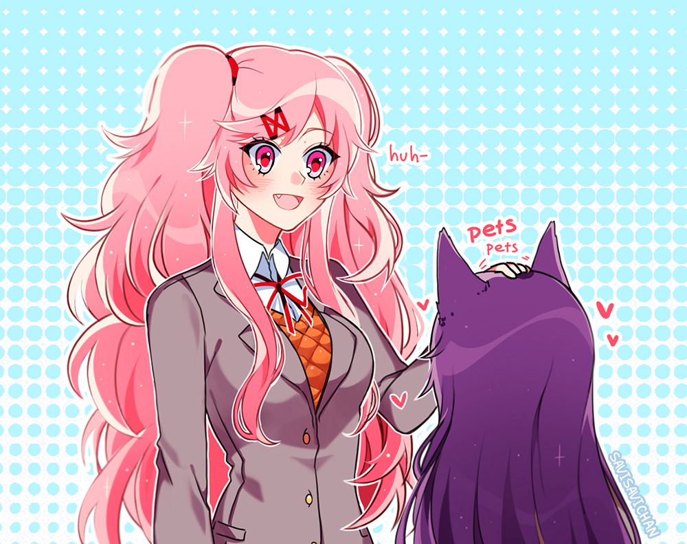 2girls :d animal_ear_fluff animal_ears artist_name cat_ears commentary doki_doki_literature_club english_commentary eyebrows_visible_through_hair fang grey_jacket hair_ornament hairclip halftone halftone_background heart height_difference jacket long_hair multiple_girls open_mouth outline petting pink_eyes pink_hair purple_hair role_reversal savi_(byakushimc) school_uniform sidelocks simple_background smile two_side_up very_long_hair wavy_mouth white_outline wing_collar yuri_(doki_doki_literature_club)
