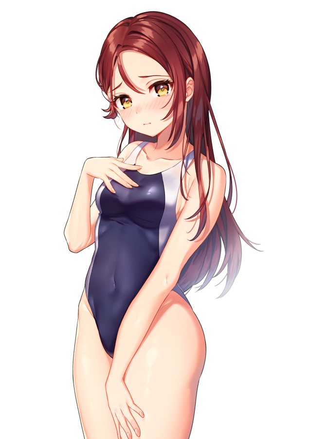 1girl bare_arms bare_shoulders blush breasts brown_eyes closed_mouth collarbone competition_swimsuit covered_navel cowboy_shot hand_on_own_chest hand_up long_hair looking_at_viewer love_live! love_live!_sunshine!! medium_breasts moyui_(myi_005) nose_blush one-piece_swimsuit red_hair sakurauchi_riko sidelocks simple_background solo standing swimsuit thighs white_background