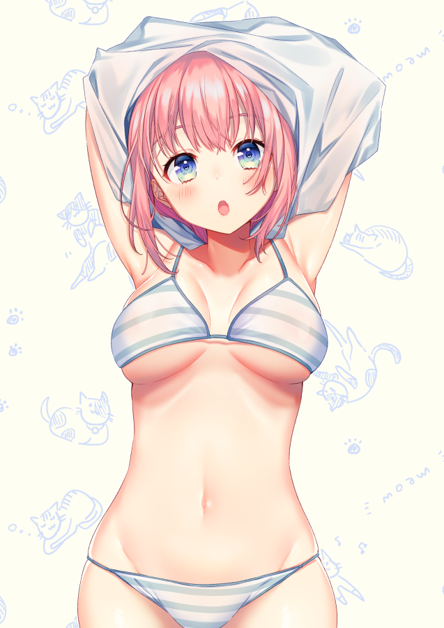 1girl :o armpits arms_up bangs bare_shoulders bikini blush breasts collarbone cowboy_shot eyebrows_visible_through_hair hair_between_eyes large_breasts looking_at_viewer moyui_(myi_005) navel open_mouth original pink_hair shirt simple_background skindentation solo standing striped striped_bikini swimsuit undressing