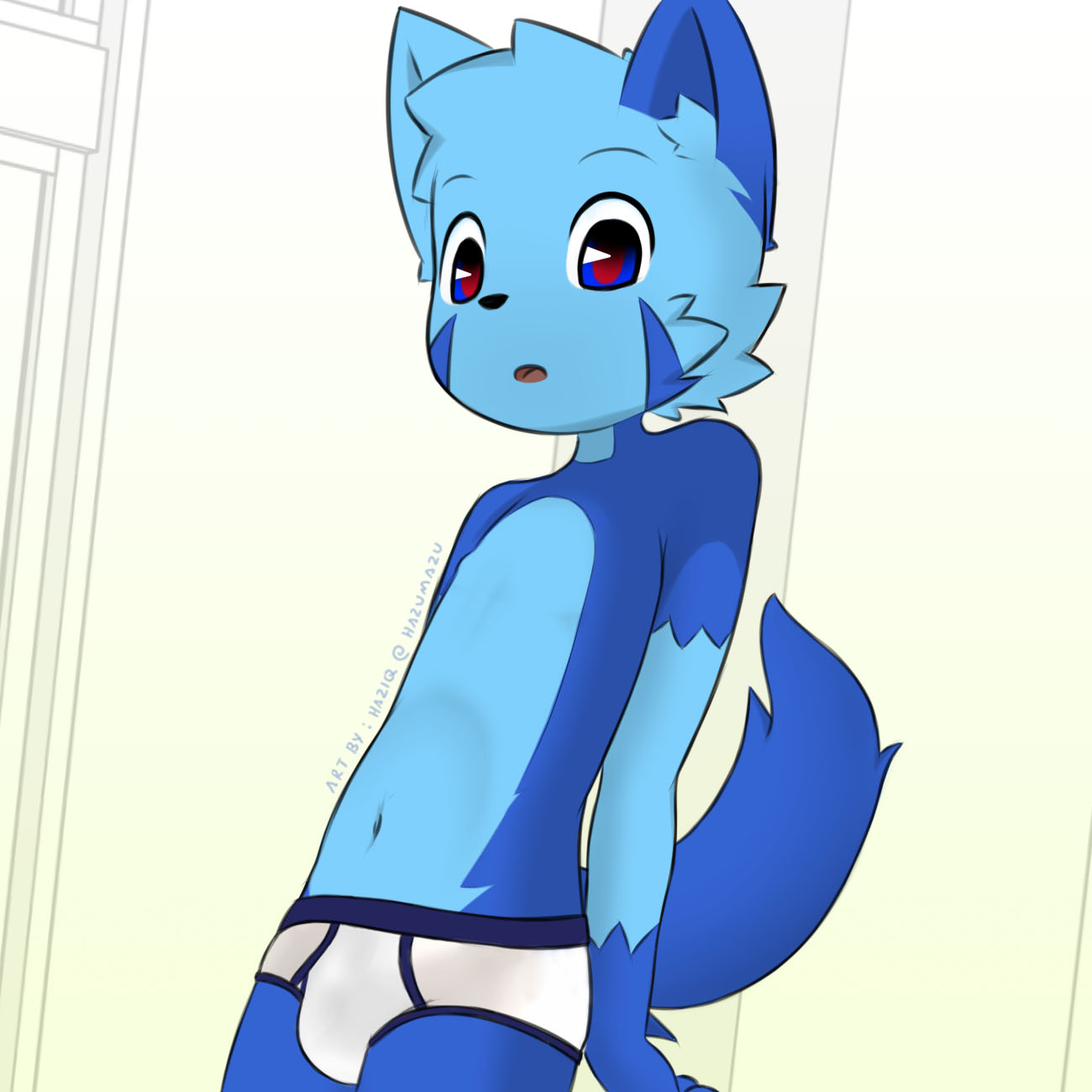 1:1 anthro blue_eyes blue_fur briefs bulge child clothing cub domestic_cat felid feline felis fur haziq(hazumazu) hazumazu hi_res male mammal navel red_pupils solo underwear young