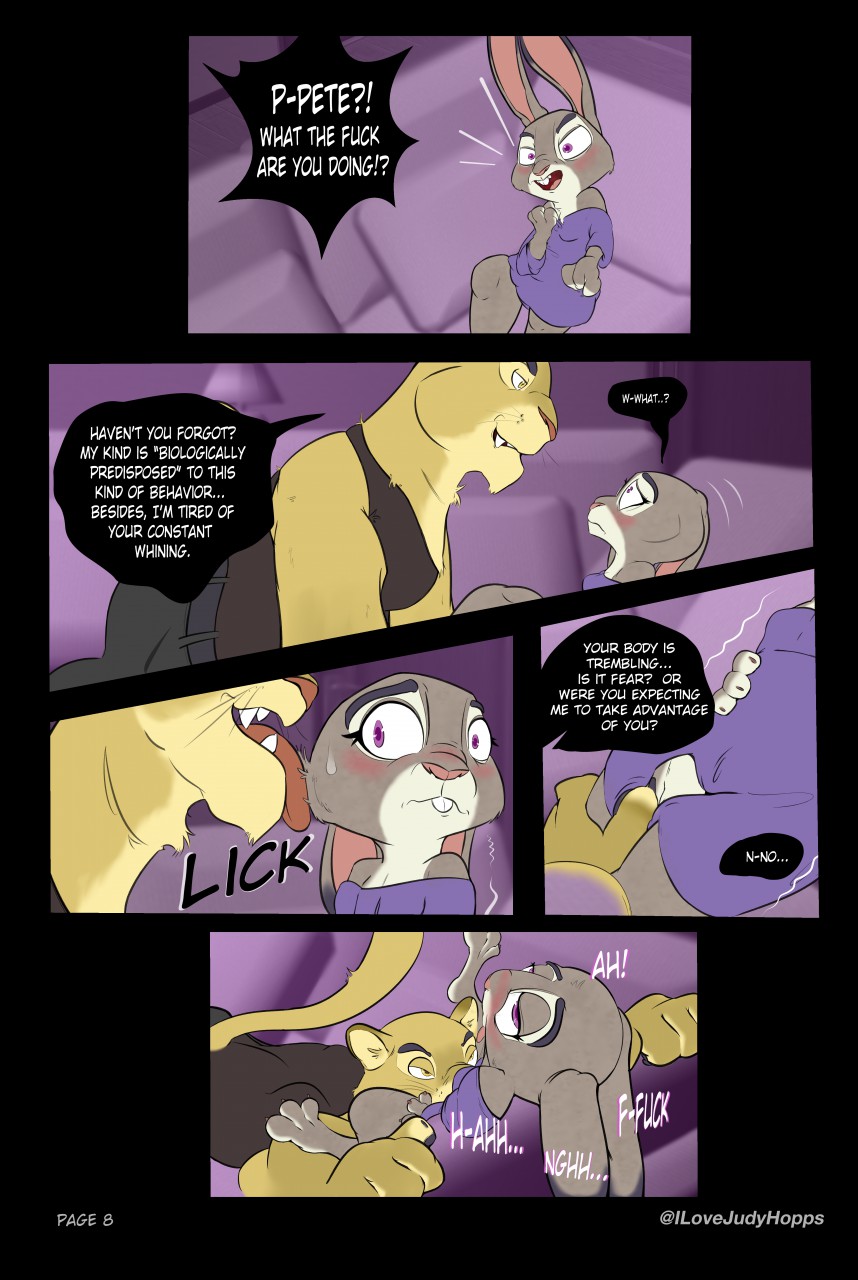 blush bodily_fluids comic disney duo english_text female hi_res judy_hopps marthasays moan sex shaking sweat text tongue tongue_out trembling zootopia