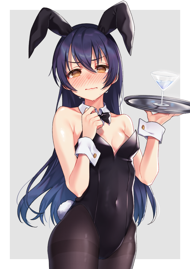 1girl 3: @_@ animal_ears bare_shoulders black_legwear black_leotard black_neckwear blue_hair blush bow bowtie breasts brown_eyes bunny_ears bunny_tail bunnysuit closed_mouth collarbone covered_navel cowboy_shot cup detached_collar drink drinking_glass embarrassed fake_animal_ears fake_tail hair_between_eyes hands_up holding holding_tray leotard long_hair looking_at_viewer love_live! love_live!_school_idol_project medium_breasts moyui_(myi_005) nose_blush pantyhose solo sonoda_umi sweat tail thighband_pantyhose tray two-tone_background v-shaped_eyebrows wine_glass wrist_cuffs