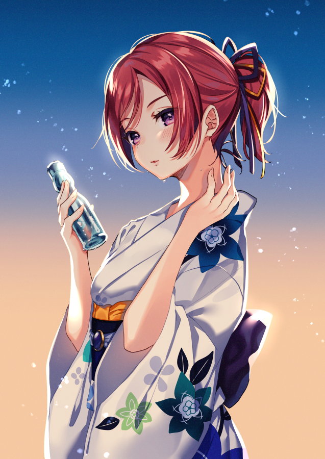 1girl back_bow bangs black_ribbon blush bottle bow floral_print gradient gradient_background hair_ribbon holding holding_bottle japanese_clothes kimono long_sleeves looking_at_viewer love_live! love_live!_school_idol_project moyui_(myi_005) nishikino_maki obi parted_lips print_kimono purple_hair red_hair ribbon sash short_hair short_ponytail smile solo swept_bangs upper_body wide_sleeves yukata