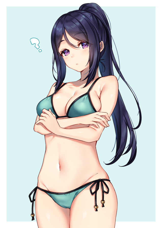 1girl ? aqua_background aqua_bikini arms_under_breasts bare_arms bare_shoulders bikini blue_background blue_hair breast_hold breasts cleavage collarbone cowboy_shot eyebrows_visible_through_hair groin high_ponytail long_hair looking_at_viewer love_live! love_live!_sunshine!! matsuura_kanan medium_breasts moyui_(myi_005) navel outside_border ponytail purple_eyes side-tie_bikini sidelocks simple_background solo standing stomach string_bikini swimsuit two-tone_background white_background