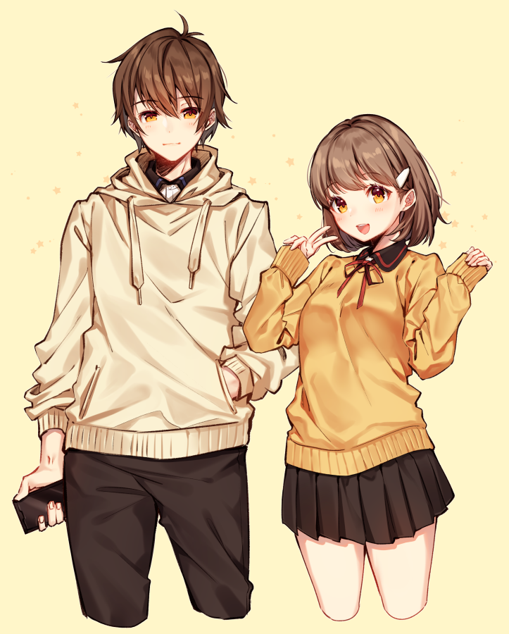 1boy 1girl :d bangs black_pants black_skirt blush breasts brown_hair brown_hoodie cellphone closed_mouth cropped_legs drawstring eyebrows_visible_through_hair hair_ornament hairclip hand_in_pocket height_difference holding holding_cellphone holding_phone hood hood_down long_sleeves looking_at_viewer miniskirt moyui_(myi_005) neck_ribbon open_mouth orange_background orange_eyes original pants phone pleated_skirt red_neckwear red_ribbon ribbon skirt sleeves_past_wrists small_breasts smartphone smile star starry_background sweater v yellow_sweater