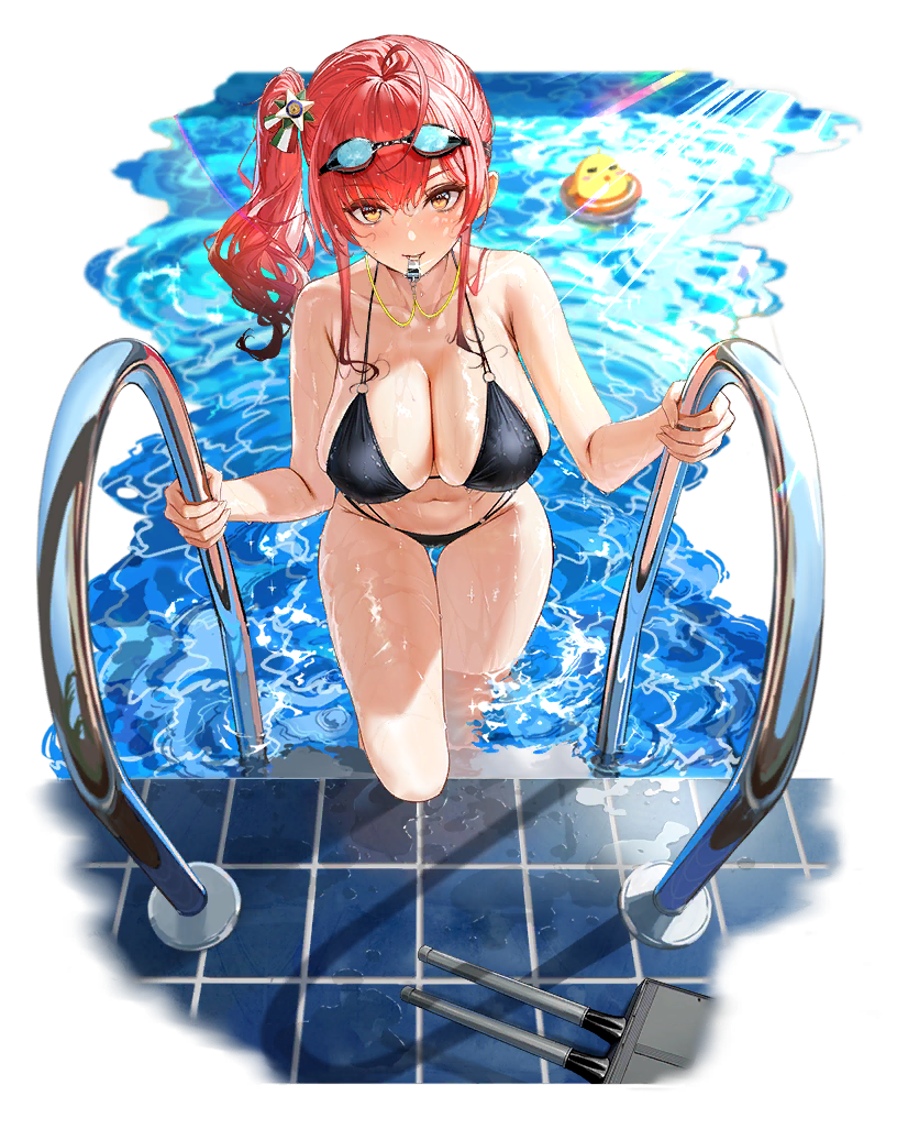 1girl ahoge alternate_costume azur_lane bare_shoulders bikini bird black_bikini blurry blurry_background breasts chick cleavage collarbone eyebrows_visible_through_hair goggles goggles_on_head large_breasts lifebuoy looking_at_viewer manjuu_(azur_lane) mouth_hold mr_cloud navel official_art palm_tree pool pool_ladder poolside red_hair side_ponytail solo swimsuit thigh_gap thighs tile_floor tiles tree water whistle whistle_around_neck zara_(azur_lane) zara_(poolside_coincidence)_(azur_lane)