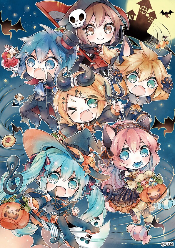 2boys 4girls animal_ears bangs bare_shoulders basket bat beamed_eighth_notes bell bell_collar blonde_hair blue_eyes blue_hair boots broom broom_riding brown_eyes brown_hair candy cape cat_paws chibi claw_pose collar commentary cookie dessert dress eighth_note everyone fang fish fish_in_mouth food frilled_dress frills full_moon ghost hair_ornament hairclip halloween handkerchief hat hatsune_miku headband helmet holding_pitchfork hood hooded_cape horned_helmet jack-o'-lantern kagamine_len kagamine_rin kaito mansion megurine_luka meiko mini_hat mini_top_hat moon multiple_boys multiple_girls musical_note neck_bell night night_sky niwako one_eye_closed open_mouth pants paws pitchfork saliva scythe short_hair sky smile spiked_hair star_(sky) starry_sky swept_bangs top_hat treble_clef trick_or_treat vocaloid