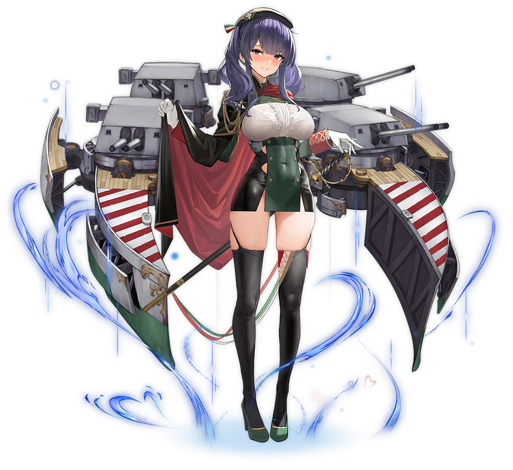 1girl aiguillette azur_lane bangs beret between_breasts black_cloak black_hair black_headwear black_legwear blush breasts buttons cannon cape character_name cleavage cloak closed_mouth covered_navel dress eyebrows_visible_through_hair fire full_body glint gloves gradient_hair green_dress green_footwear grin hand_on_hilt hand_up hat heart high_heels long_hair long_sleeves medal military military_uniform mr_cloud multicolored_hair pola_(azur_lane) purple_hair red_eyes rigging saber_(weapon) sheath sheathed short_dress side_slit sidelocks skindentation sleeve_cuffs smile standing sword taut_clothes taut_dress thighhighs turret uniform weapon white_gloves