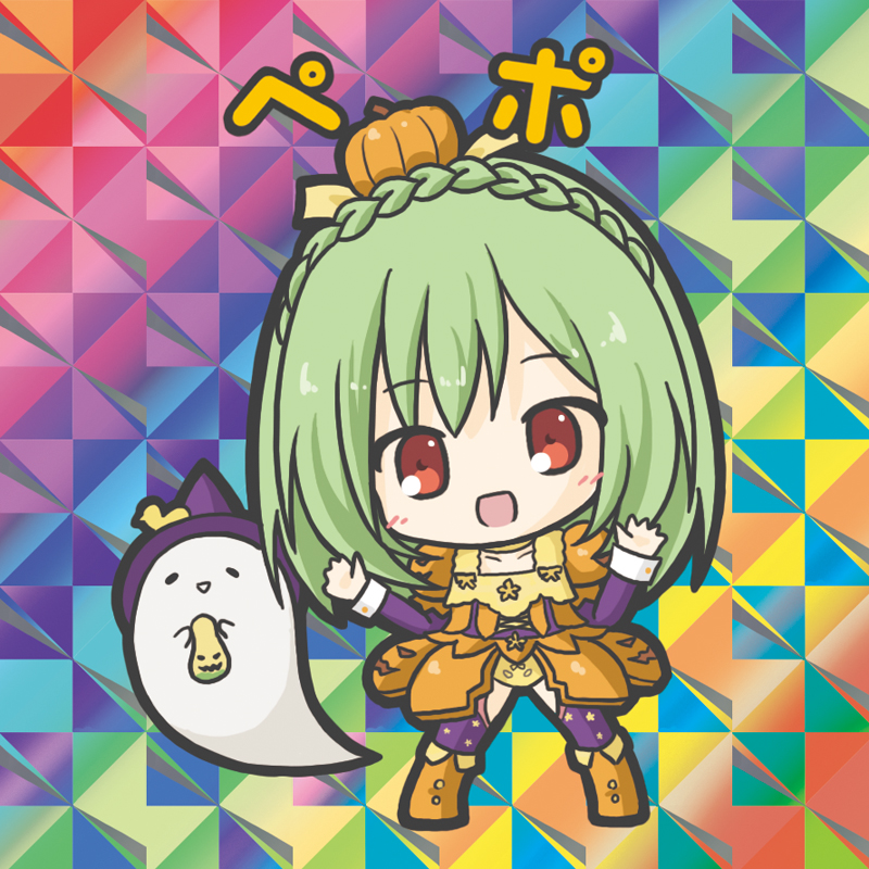 1girl :d bangs big_head bikkuriman bikkuriman_(style) blush boots braid breasts character_name chibi colorful cross-laced_clothes crown_braid dress eyebrows_visible_through_hair flat_color flower_knight_girl fringe_trim full_body ghost green_hair halloween hands_up happy hat iridescent knee_boots long_hair long_sleeves multicolored multicolored_background no_nose open_mouth orange_dress orange_footwear parody pepo_(flower_knight_girl) puffy_short_sleeves puffy_sleeves pumpkin pumpkin_costume purple_headwear purple_legwear red_eyes rinechun short_over_long_sleeves short_sleeves sleeve_cuffs smile solo standing sticker style_parody thighhighs w_arms witch_hat