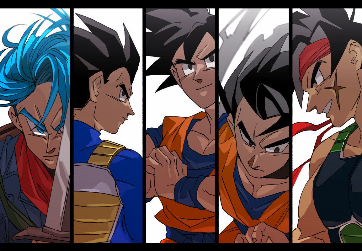 5boys armor bandana bangs bardock black_border black_eyes black_hair blue_eyes blue_hair border clenched_teeth close-up denim denim_jacket dougi dragon_ball dragon_ball_super dragon_ball_z face facial_scar facing_away father_and_son fighting_stance fingernails floating_hair from_above frown hands_clasped holding holding_sword holding_weapon jacket looking_away looking_back looking_down male_focus multiple_boys neckerchief own_hands_together panels profile red_headwear red_neckwear scar scar_on_cheek serious shaded_face simple_background smile son_gohan son_gokuu sword tako_jirou teeth trunks_(future)_(dragon_ball) upper_body vegeta weapon white_background wristband