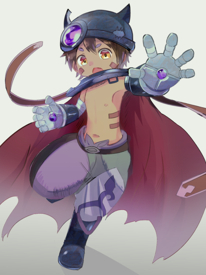 5_fingers boots brown_hair clothing fingers footwear hair kyuuri machine made_in_abyss male navel nipples open_mouth orange_eyes red_cape regu robot simple_background solo white_background young