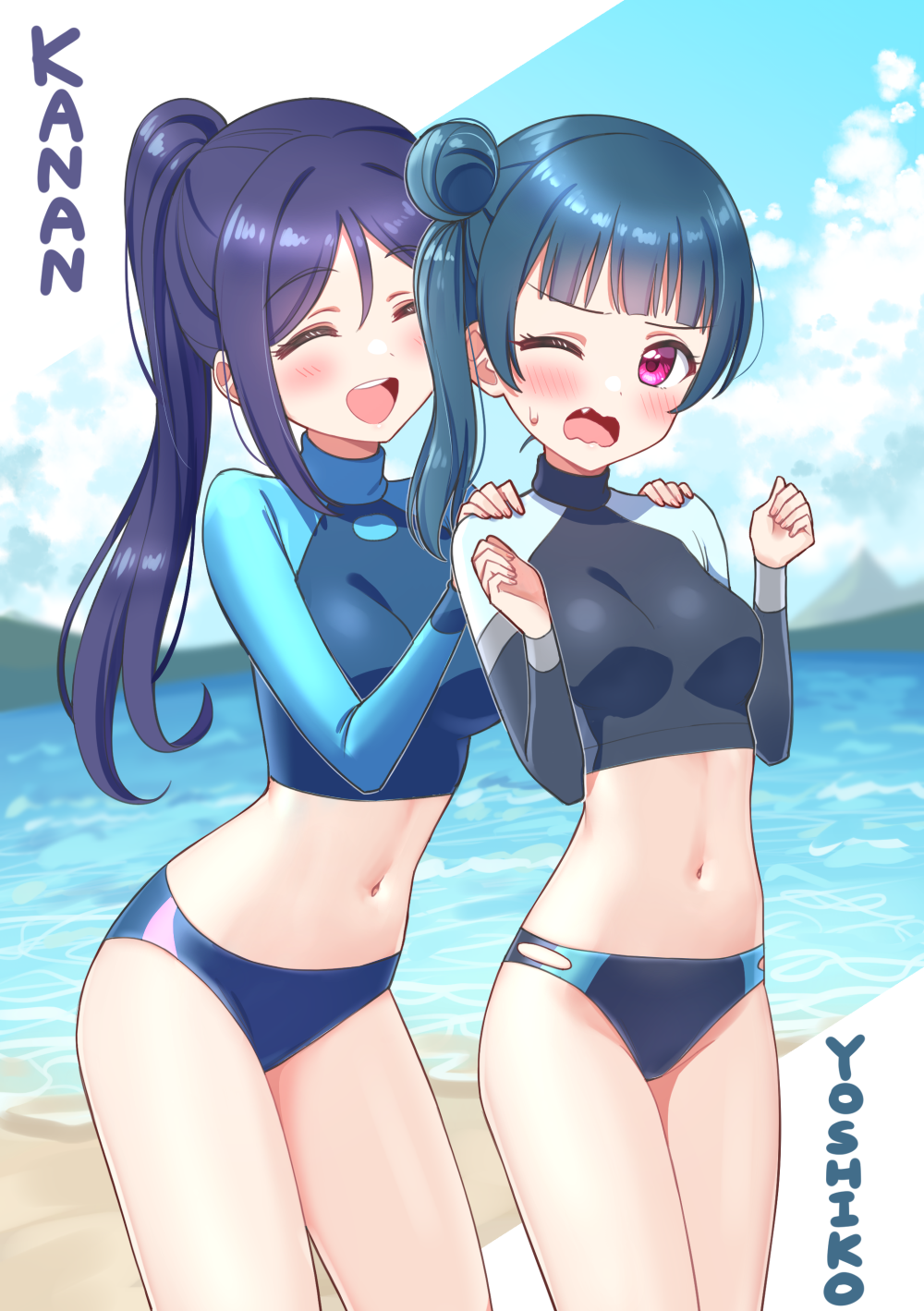 2girls :d bangs black_shirt blue_hair blue_shirt blue_sky blush breasts character_name cloud crop_top day deadnooodles eyebrows_visible_through_hair fang fingernails hands_on_another's_shoulders highres long_hair love_live! love_live!_sunshine!! matsuura_kanan medium_breasts multiple_girls navel one_eye_closed open_mouth ponytail purple_eyes round_teeth shirt sky small_breasts smile standing sweat teeth tsushima_yoshiko upper_teeth very_long_hair water wavy_mouth