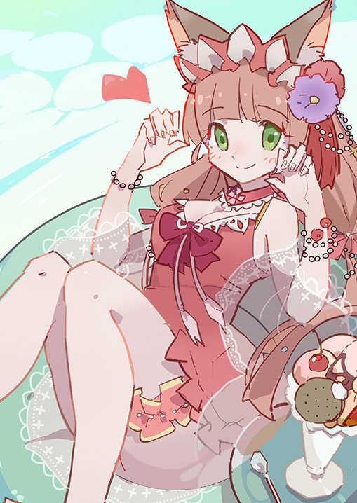 1girl animal_ear_fluff animal_ears bangs bare_shoulders blush bow bracelet breasts brown_dress brown_hair cleavage closed_mouth commentary_request dress eyebrows_visible_through_hair fingernails flower green_eyes hair_flower hair_ornament hands_up heart himemiya_maho innertube jewelry knees_up long_hair medium_breasts parfait pearl_bracelet princess_connect! princess_connect!_re:dive purple_flower red_bow red_flower see-through shadowsinking sleeveless sleeveless_dress smile solo spoon table