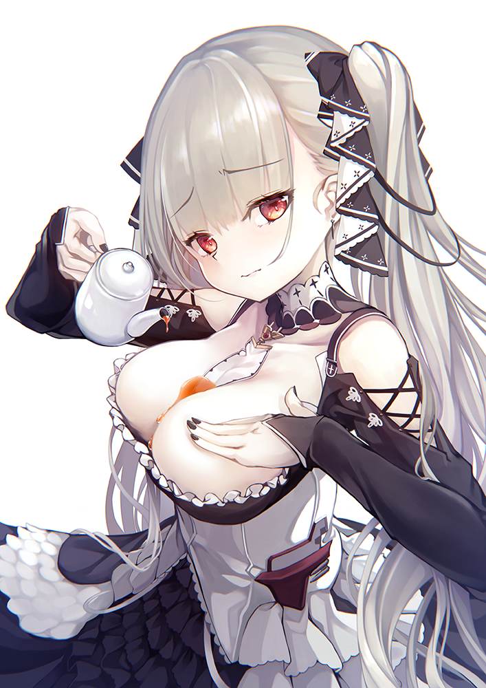 1girl azur_lane bangs bare_shoulders between_breasts black_dress black_nails blush breast_suppress breasts cleavage cowboy_shot dress earrings eyebrows_visible_through_hair formidable_(azur_lane) frilled_dress frills frown grey_hair hair_ornament hair_ribbon head_tilt holding_teapot jewelry kurenai_musume large_breasts long_hair long_sleeves looking_at_viewer pouring_onto_self red_eyes ribbon rigging simple_background solo twintails wavy_mouth white_background