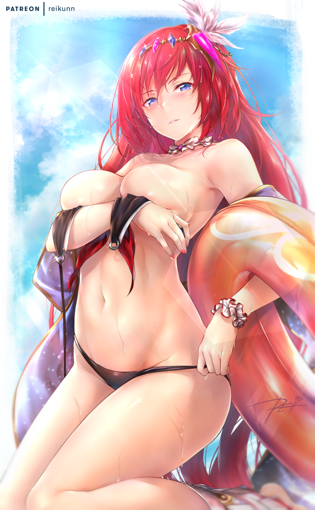 1girl bare_shoulders bikini black_bikini blue_eyes blue_sky blush breasts choker covering covering_breasts frilled_choker frills godguard_brodia granblue_fantasy hair_between_eyes innertube kneeling large_breasts lens_flare long_hair looking_at_viewer navel parted_lips red_hair rei_kun scrunchie signature sky solo sunlight swimsuit thighs untied untied_bikini very_long_hair wet wrist_scrunchie