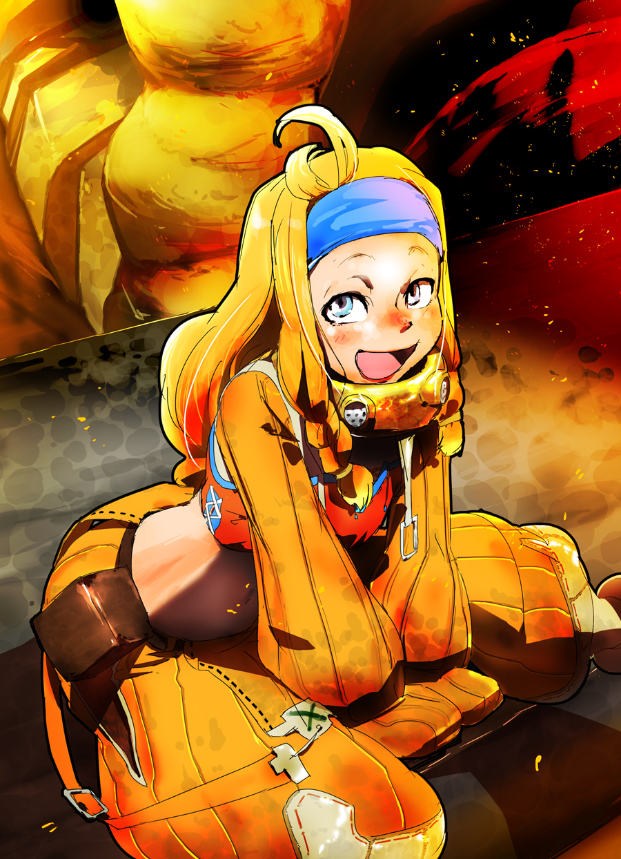 1girl antenna_hair baggy_pants blonde_hair blue_eyes blue_headband commentary_request crafting_shop_daughter_(monster_hunter) forge full_body gas_mask headband highres long_hair mask mask_removed midriff mittens monster_hunter monster_hunter_4 navel open_mouth pants shinmai_koshihikari sitting smile solo strapless tubetop