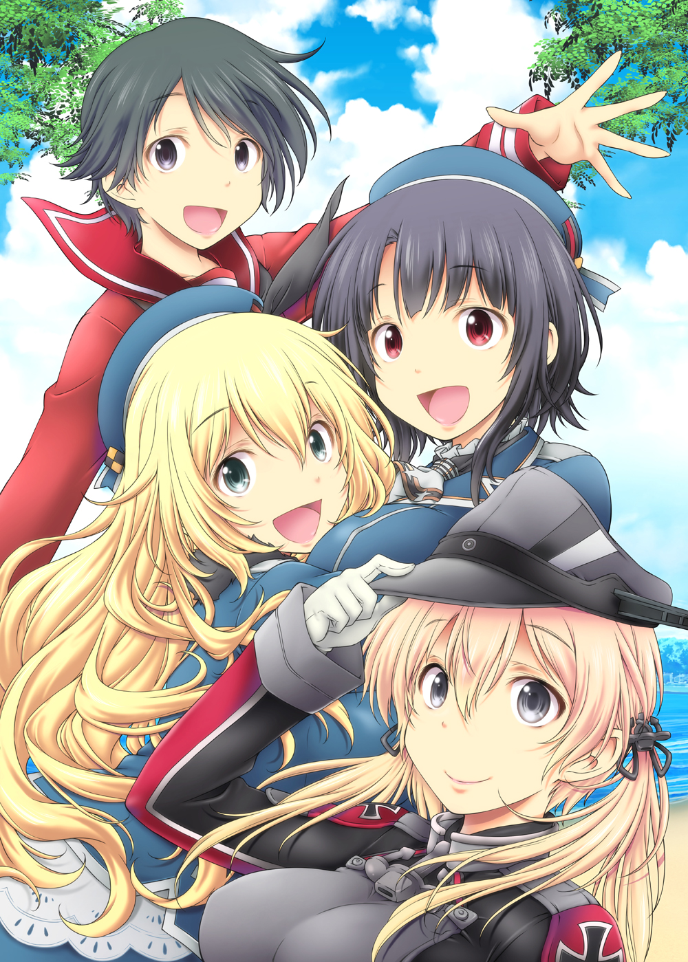 4girls anchor_hair_ornament ascot atago_(kantai_collection) beach beret black_eyes black_hair blonde_hair blue_headwear blue_sky breasts cloud day gloves grey_eyes hair_ornament hat highres horizon hug iron_cross iwami_kyuuto kantai_collection large_breasts leaf long_hair looking_at_viewer low_twintails military military_hat military_uniform mogami_(kantai_collection) multiple_girls ocean outdoors peaked_cap prinz_eugen_(kantai_collection) red_eyes red_sailor_collar red_shirt sailor_collar sailor_shirt school_uniform serafuku shirt short_hair sky takao_(kantai_collection) twintails uniform upper_body white_gloves white_neckwear