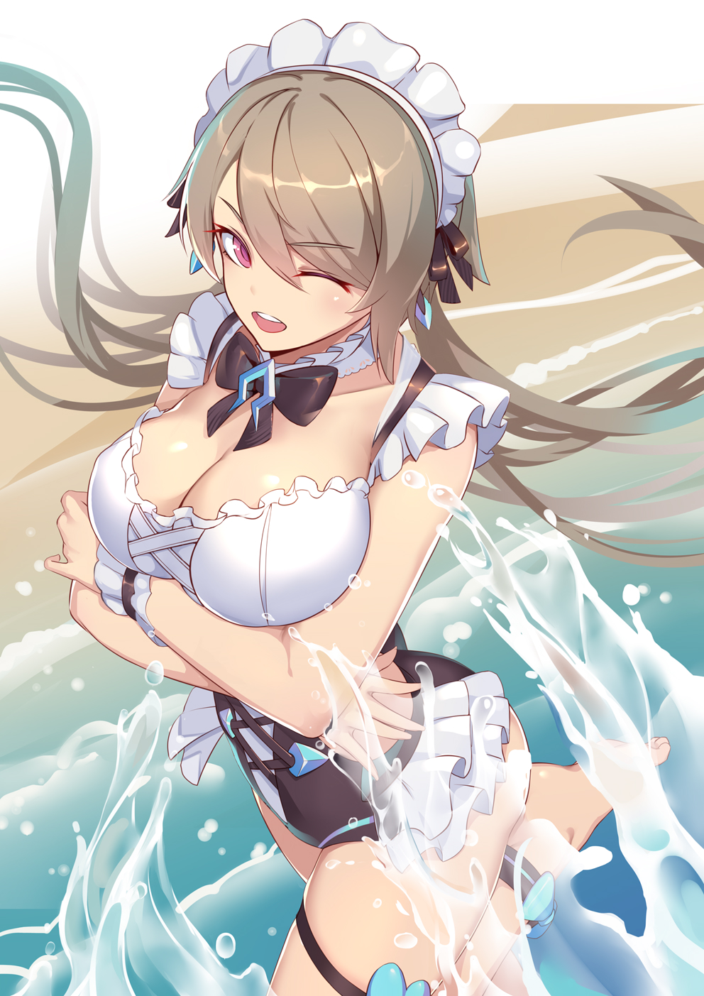 ;d arms_under_breasts barefoot black_ribbon bow bowtie breasts cleavage commentary_request day detached_collar earrings frilled_swimsuit frills hair_ribbon highres honkai_(series) honkai_impact_3rd jewelry large_breasts leg_up liu_lan long_hair maid_headdress mole mole_under_eye one-piece_swimsuit one_eye_closed open_mouth outdoors purple_eyes ribbon rita_rossweisse short_hair smile splashing swimsuit water_drop