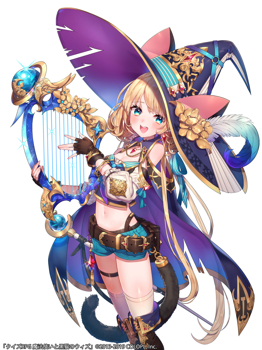 1girl :d bare_shoulders belt belt_pouch blonde_hair blue_eyes blue_shorts boots breasts brown_footwear brown_gloves cape cleavage commentary_request crop_top detached_sleeves earrings fake_tail feathers fingerless_gloves glint gloves harp hat highres holding holding_instrument instrument jewelry knee_boots long_hair long_legs looking_at_viewer loose_belt mahou_tsukai_to_kuroneko_no_wiz midriff navel neckerchief necklace official_art open_mouth pouch puffy_sleeves short_shorts shorts small_breasts smile solo staff standing stomach tail thigh_strap thighhighs toshi_gahara very_long_hair watermark white_legwear wing_collar witch witch_hat