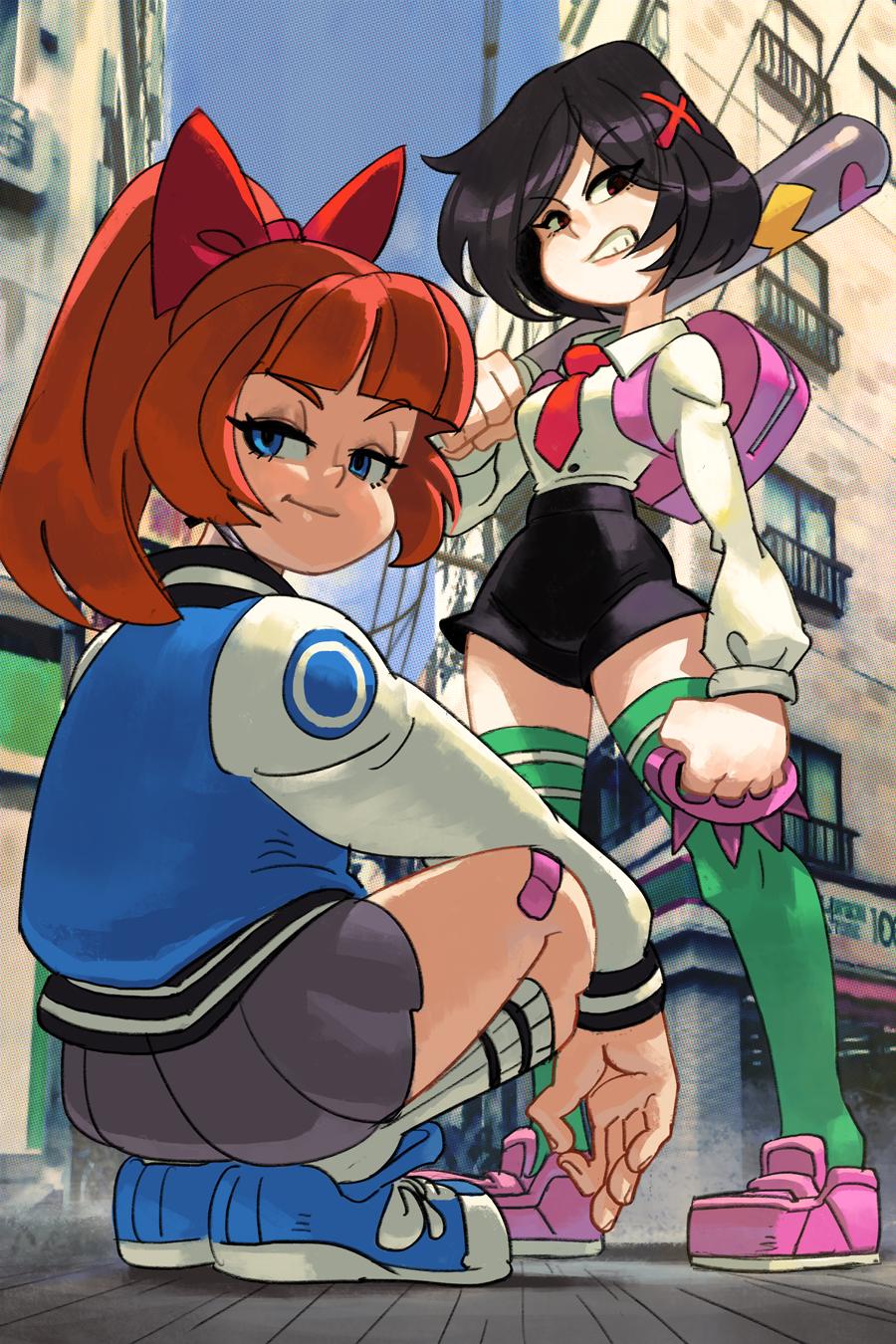 2girls alex_ahad backpack bag bangs baseball_bat black_hair black_shorts blue_eyes blunt_bangs brass_knuckles commentary english_commentary eyeshadow from_below green_legwear grey_skirt hair_ornament high_ponytail highres jacket kunio-kun_series kyoko_(kunio-kun) letterman_jacket loafers long_hair looking_at_viewer makeup misako_(kunio-kun) multiple_girls necktie orange_hair over_shoulder pink_footwear pleated_skirt red_eyes red_neckwear river_city_girls school_uniform shirt shoes short_hair shorts skirt slender_waist smug sneakers socks squatting standing thighhighs weapon weapon_over_shoulder white_shirt x_hair_ornament