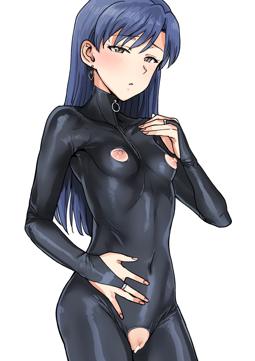 1girl :o bangs bar_censor black_bodysuit blue_hair blush bodysuit breasts bridal_gauntlets brown_eyes censored covered_navel cowboy_shot crotchless_clothes earrings eyebrows_visible_through_hair half-closed_eyes hand_on_own_chest hand_on_own_stomach highres idolmaster jewelry kisaragi_chihaya latex latex_bodysuit long_hair looking_at_viewer nail_polish nippleless_clothes nipples parted_lips pink_nails pussy simple_background skin_tight small_breasts solo tsurui white_background zipper_pull_tab