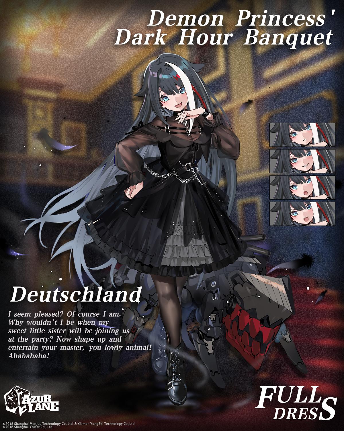 1girl :d :o anchor_symbol azur_lane black_dress black_feathers black_footwear black_hair black_legwear blue_eyes blush boots breasts commentary_request copyright_name cross cross-laced_footwear cross_earrings deutschland_(azur_lane) deutschland_(demon_princess'_dark_hour_banquet)_(azur_lane) dress earrings expressions feathers frilled_dress frills hand_on_hip hand_up highres jewelry lace-up_boots long_hair long_sleeves looking_at_viewer machinery multicolored_hair official_art open_mouth pantyhose parted_lips puffy_long_sleeves puffy_sleeves ran_(pixiv2957827) red_hair see-through small_breasts smile standing streaked_hair very_long_hair white_hair