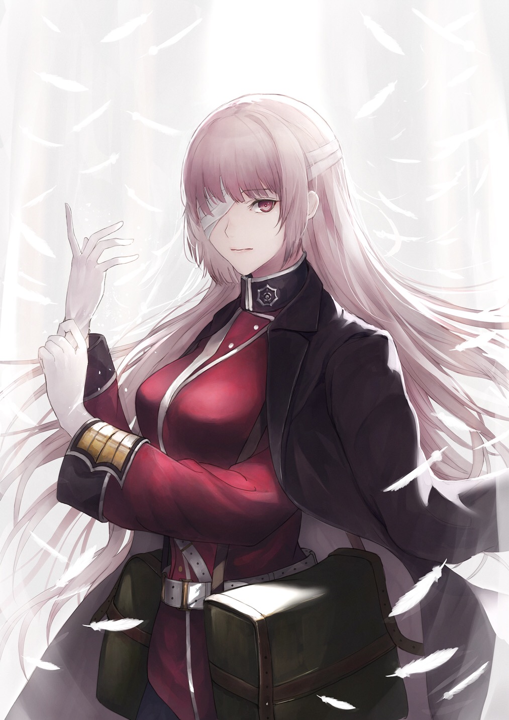 1girl adjusting_clothes adjusting_gloves bandages bandages_over_eyes belt belt_buckle black_jacket breasts buckle closed_mouth commentary_request fate/grand_order fate_(series) feathers florence_nightingale_(fate/grand_order) gloves hands_up highres jacket jacket_on_shoulders long_hair looking_at_viewer marumoru medium_breasts pink_hair red_eyes red_jacket solo very_long_hair white_belt white_feathers white_gloves