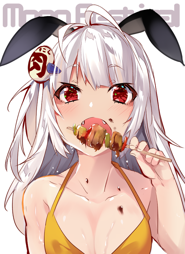 1girl animal_ears antenna_hair bare_arms bare_shoulders bikini bunny_ears collarbone commentary_request eating fangs food food_on_body food_on_face hair_ornament halter_top halterneck holding holding_food kebab long_hair looking_at_viewer no_nose open_mouth original red_eyes silver_hair simple_background skewer solo swimsuit upper_body usagihime white_background yellow_bikini