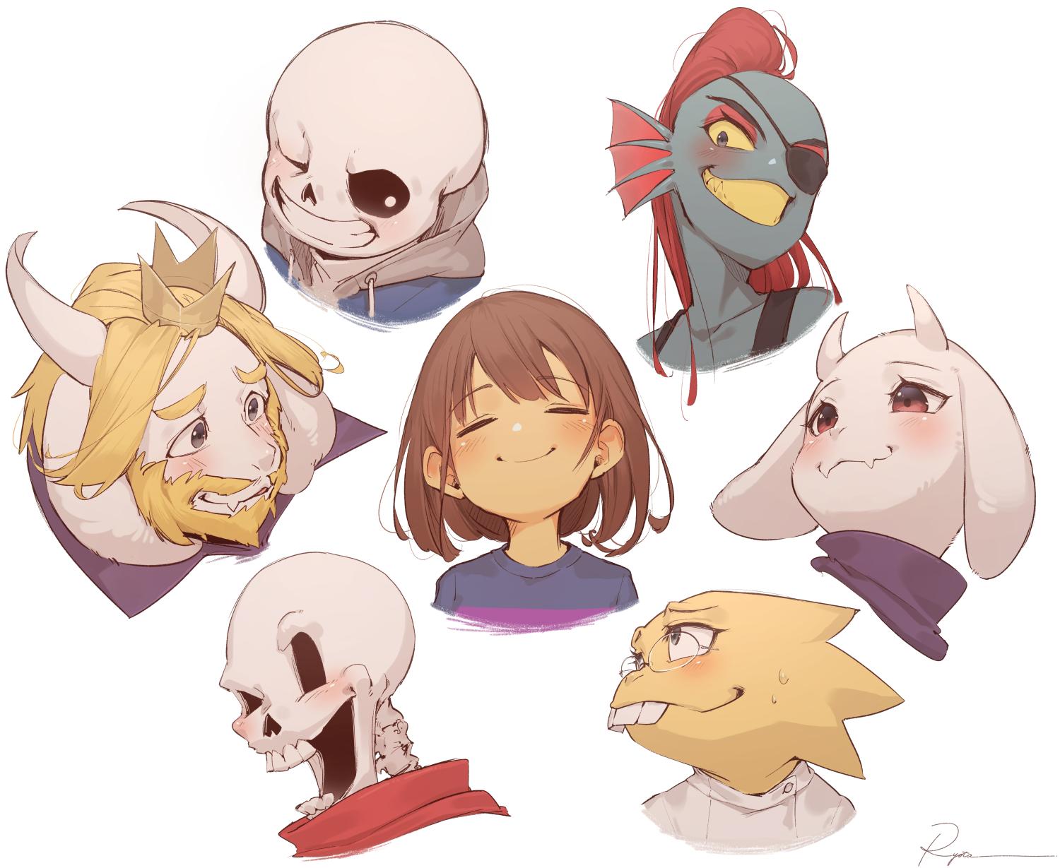 1other 3boys 3girls alphys androgynous animal_ears asgore_dreemurr bangs beard black_tank_top blonde_hair blue_hoodie blue_shirt blue_skin brown_hair closed_eyes closed_mouth crown drawstring eyebrows_visible_through_hair eyepatch facial_hair fangs fins fish_girl frisk_(undertale) glasses goat_ears goat_girl grey_eyes grin head_tilt highres hood hood_down horns long_hair looking_at_viewer mini_crown multiple_boys multiple_girls one_eye_closed open_mouth papyrus_(undertale) ponytail portrait red_eyes red_hair red_scarf ryota_(ry_o_ta) sans scarf shirt short_hair signature simple_background skeleton smile toriel undertale undyne white_background white_shirt yellow_sclera yellow_teeth