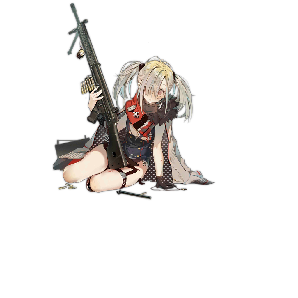 1girl bangs black_gloves blush closed_mouth coat cross full_body girls_frontline glasses gloves grey_hair gun hair_ornament hair_over_one_eye hk21_(girls_frontline) holding holding_gun holding_weapon jewelry leaning leaning_to_the_side legs long_hair looking_at_viewer machine_gun on_floor purple_eyes red_scarf round_eyewear scarf shells sitting sleeveless solo thigh_strap torn_clothes transparent_background twintails weapon xiao_chichi