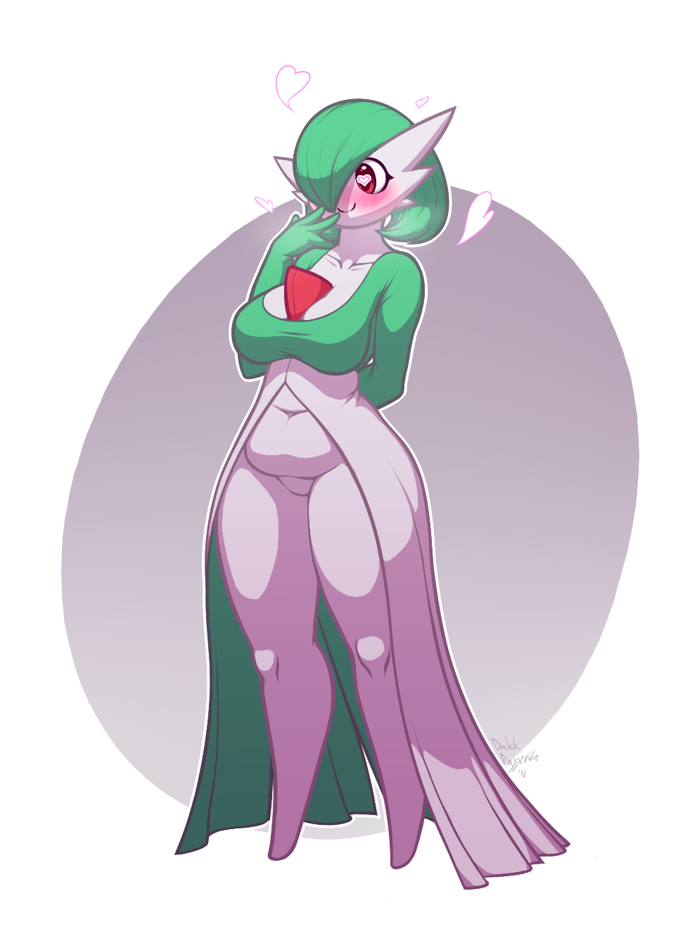 &lt;3 &lt;3_eyes 2016 alpha_channel blush breasts dakkpasserida featureless_crotch female gardevoir green_hair hair hand_behind_back hi_res humanoid navel nintendo not_furry outline pok&eacute;mon pok&eacute;mon_(species) pseudo_clothing red_eyes smile solo standing thick_thighs video_games white_skin