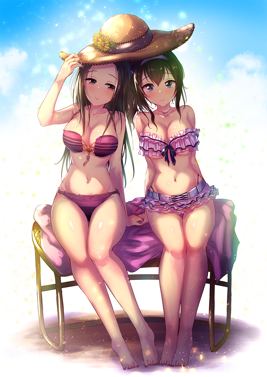 2girls bench bikini black_hair blue_eyes blue_sky breasts brown_eyes cleavage cloud frilled_bikini frills full_body hairband hat highres idolmaster idolmaster_cinderella_girls kara_(color) large_breasts long_hair looking_at_viewer multiple_girls pink_bikini red_bikini sagisawa_fumika sena_shiori_(idolmaster) shared_hat sitting sky sun_hat swimsuit white_hairband