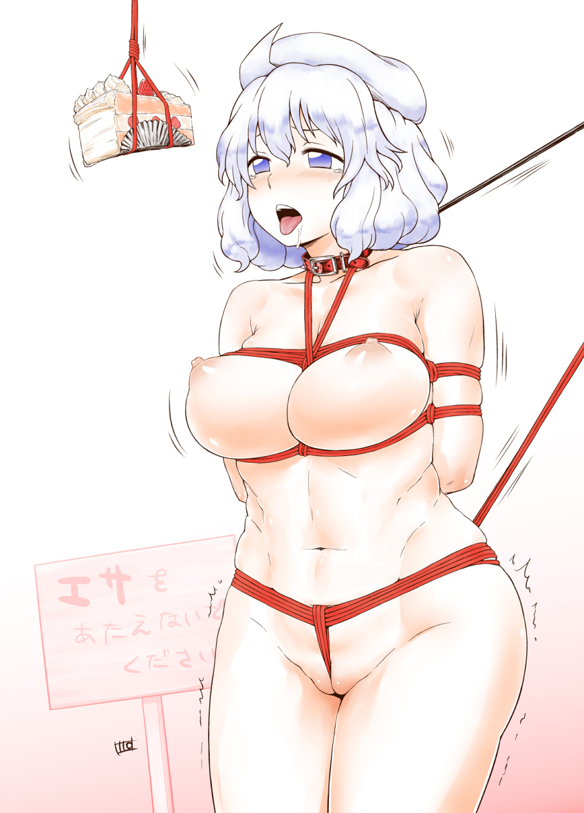 arms_behind_back bait bdsm blush bondage bound box_tie breasts cake collar crotch_rope drooling food hat itou_yuuji large_breasts letty_whiterock nipples nude parody plump predicament_bondage pussy red_rope rope short_hair solo touhou translated