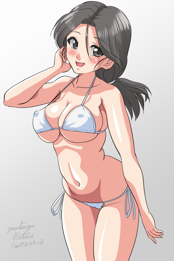 1girl artist_name bikini breasts cleavage commentary covered_nipples cowboy_shot dated eyebrows_visible_through_hair freckles girls_und_panzer gradient gradient_background grey_background grey_eyes grey_hair hair_tie hand_in_hair head_tilt large_breasts leaning_forward long_hair looking_at_viewer matsui_yasutsugu navel open_mouth piyotan ponytail side-tie_bikini signature skindentation smile solo standing swimsuit white_bikini